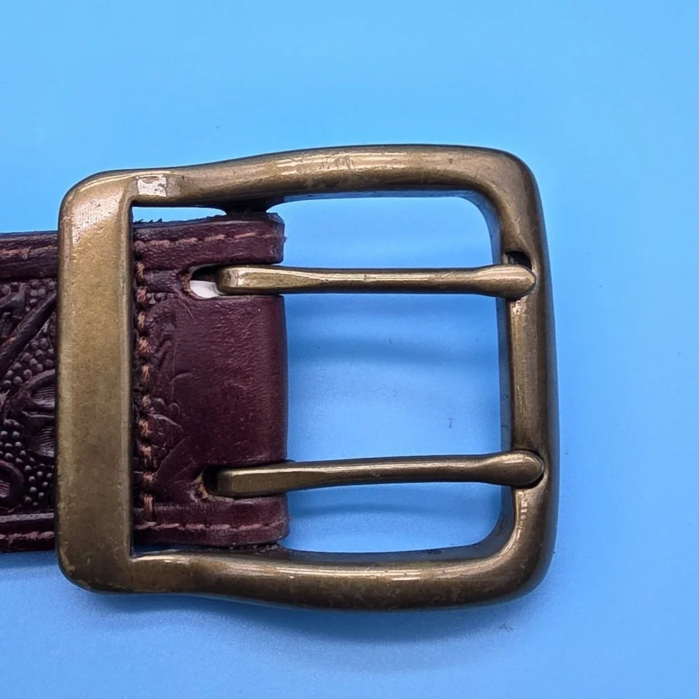 Vintage Eddie Bauer Floral Pattern Brown Leather Belt Brass Buckle‎ Mens Large